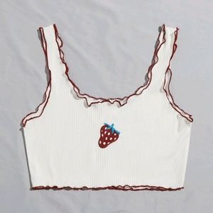 Strawberry Embroidered Lettuce Crop Tank Top 3x